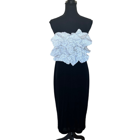 Badgley Mischka Black Velvet Rose Bodice Cocktail Dress SIZE 6 Designer $500 - Picture 10 of 13